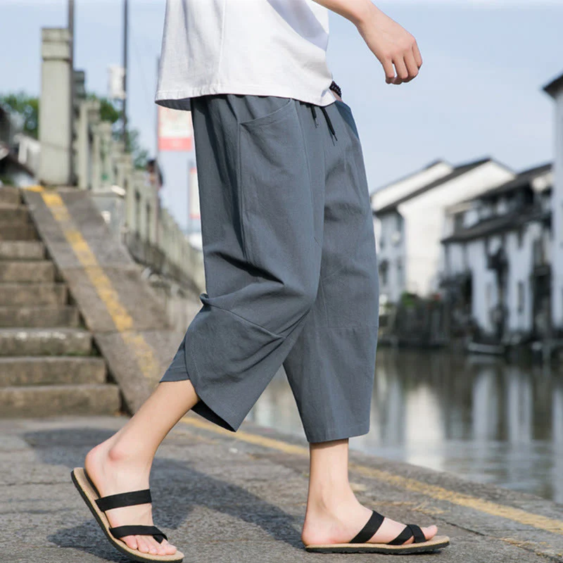 Buddha Stones Summer Casual Simple Plain Tapered Design Drawstring Men's  7-8 Length Cotton Linen Pants With Pockets