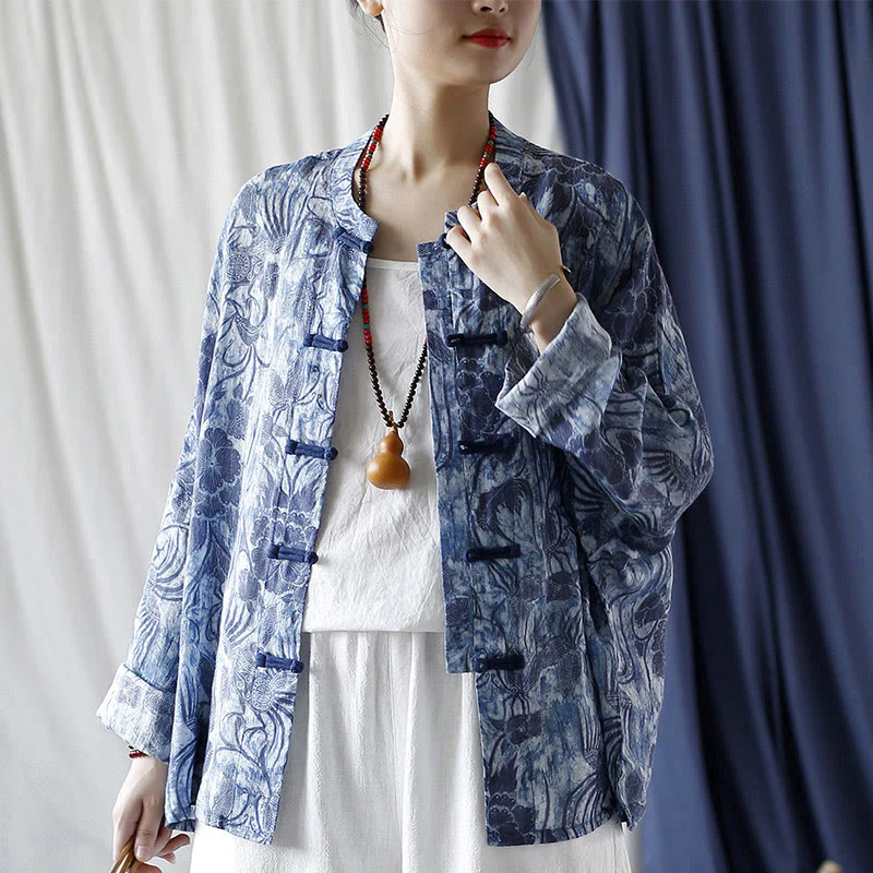 Buddha Stones Retro Blue White Flowers Frog-Button Design Long Sleeve Ramie Linen Jacket Shirt