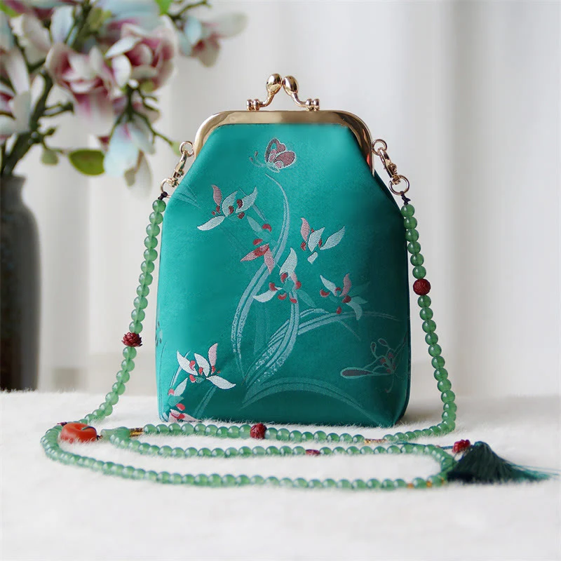 Buddha Stones Retro Chinese Embroidery Pearl Chain Crossbody Bag Shoudler Bag