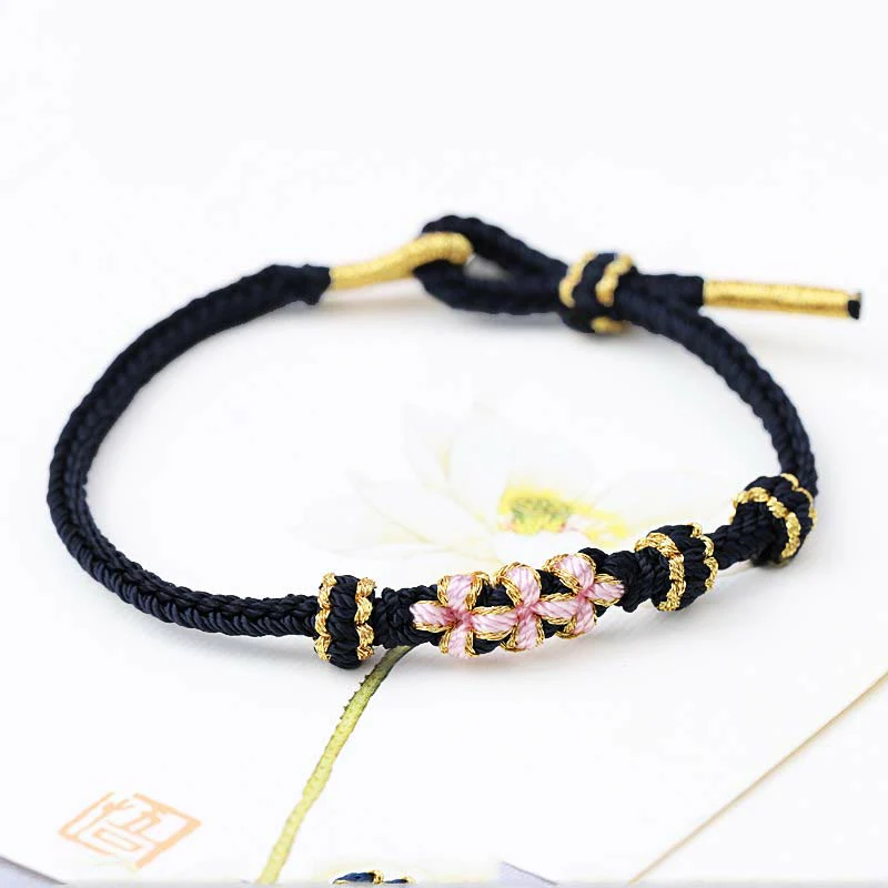 Buddha Stones Handmade Three Peach Blossoms Luck Eight Strands Braided String Bracelet