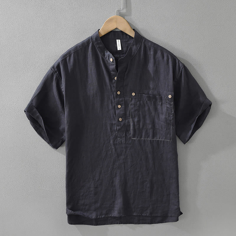 Buddha Stones Summer Half Buttons Design Lapel Men's Short Sleeve Linen Shirt With Pocket