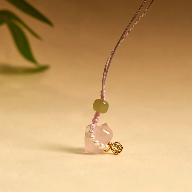 Buddha Stones Pink Crystal Amethyst Citrine Pearl Fu Character Lucky Kitten Warmth Phone Hanging Decoration
