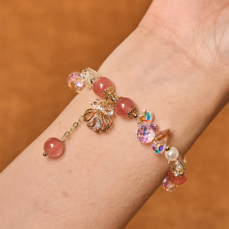 Buddha Stones Natural Strawberry Quartz Pearl Shell Positive Bracelet