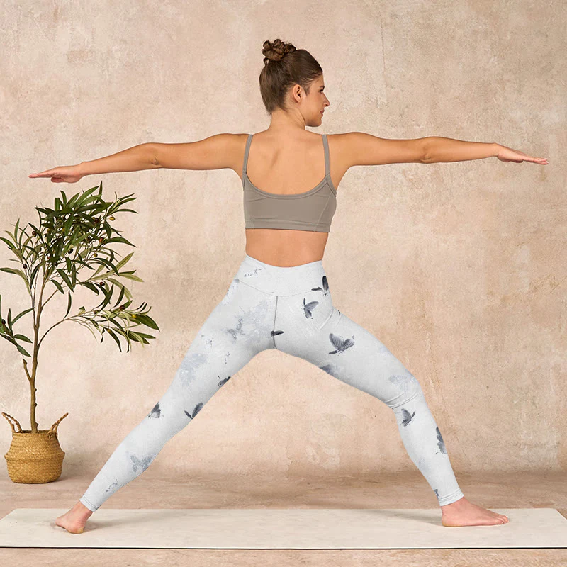 Buddha Stones White Gray Butterfly Print Sports Leggings Women's Yoga Pants