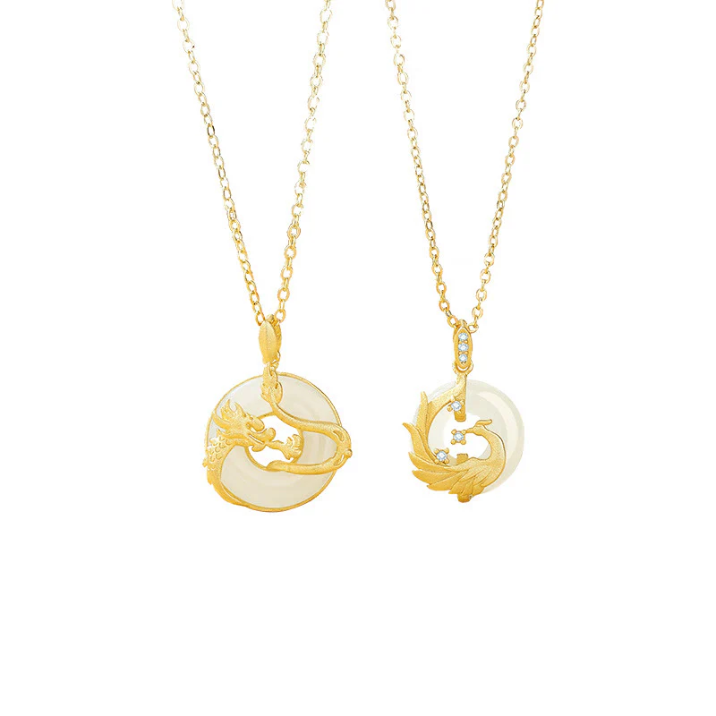 Buddha Stones 925 Sterling Silver Year of the Dragon Hetian Jade Golden Dragon Phoenix Peace Buckle Luck Necklace Pendant