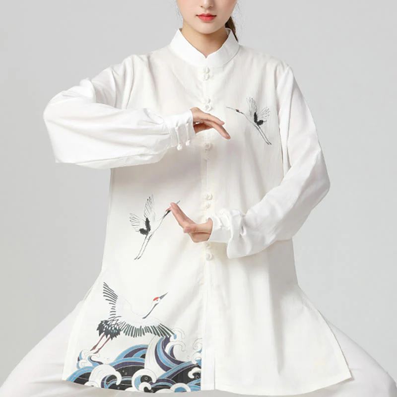 Buddha Stones White Crane Sea Cotton Linen Meditation Prayer Spiritual Zen Tai Chi Qigong Practice Clothing Set