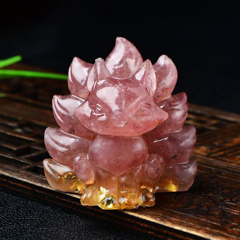 Buddha Stones Natural Various Crystal Strawberry Quartz Amethyst Nine Tailed Fox Protection Home Decoration