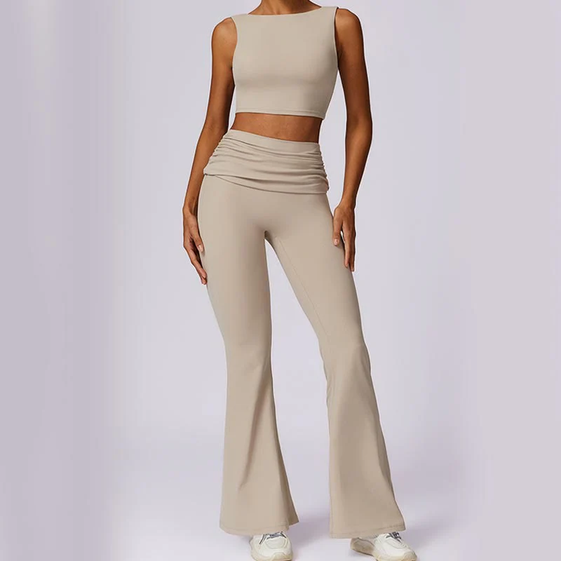 Buddha Stones Sleeveless Backless Strap Tank Top Bra Flared Pants Sports Fitness Yoga