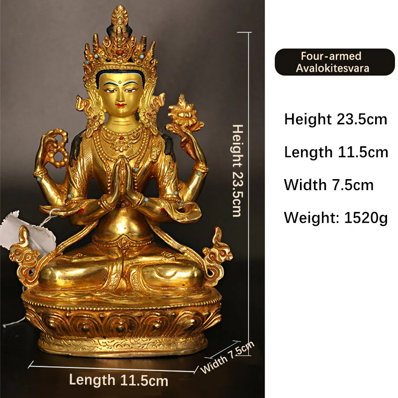 Buddha Stones Bodhisattva Tara Chenrezig Four-armed Avalokitesvara Protection Copper Gold Plated Statue Decoration