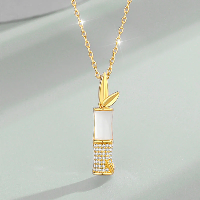 Buddha Stones 925 Sterling Silver Hetian White Jade Bamboo Happiness Necklace Pendant