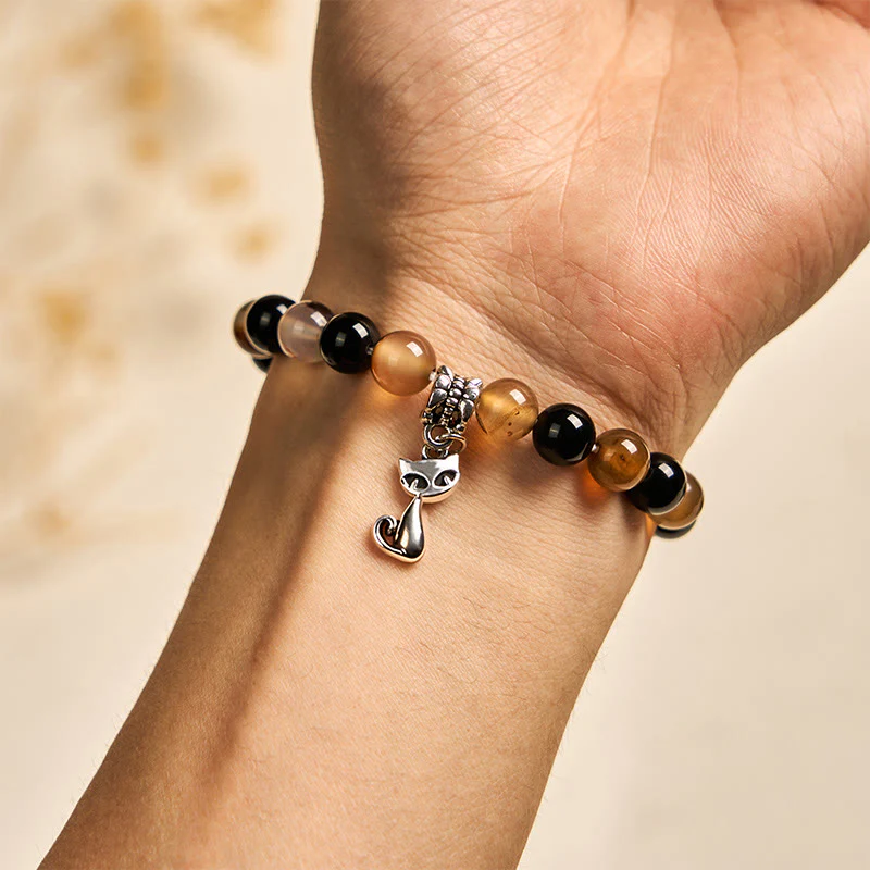 Buddha Stones Tortoiseshell Cat Light Brown Striped Agate Black Onyx Protection Bracelet