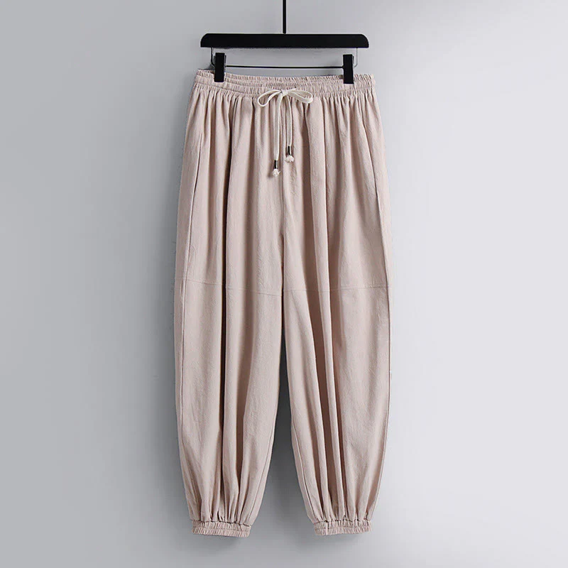 Buddha Stones Cross-Collars Cropped Bloomers Cotton Tang Suit Hanfu Top Pants Clothing Men's Set