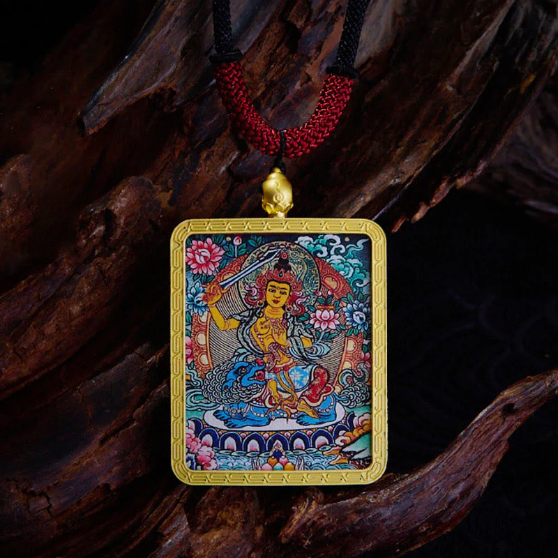 Buddha Stones Tibetan Zakiram Nine Tailed Fox Yellow God of Wealth Painted Thangka Hope Necklace Pendant