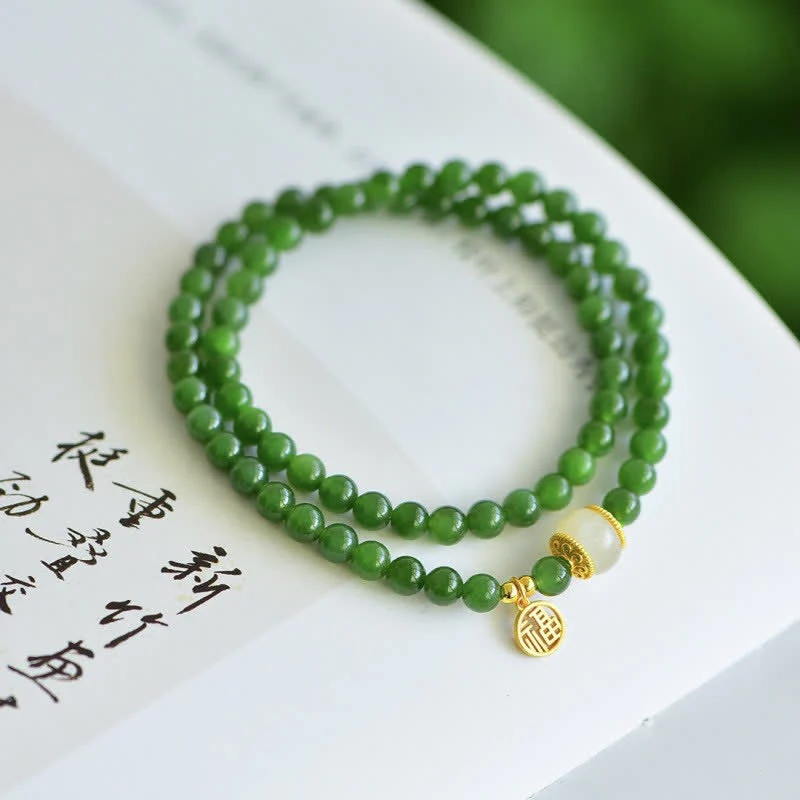 Buddha Stones Hetian Cyan Jade Happiness Blessing Bracelet