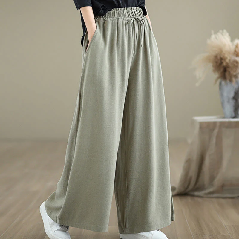 Buddha Stones Commute Plain Simple Lace-Up Design Women's Wide Leg Cotton Linen Pants With Pockets