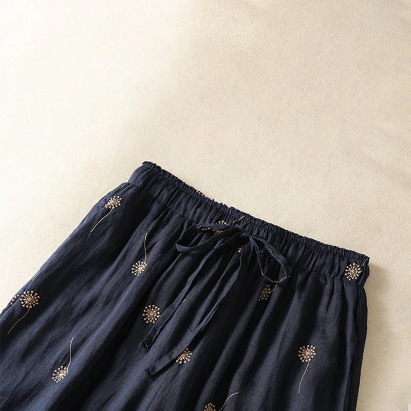 Buddha Stones MidnightBlue Commute Casual Dandelion Pattern Women's Wide Leg Cotton Linen Pants