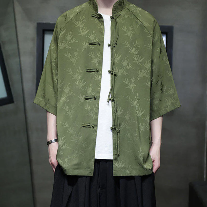 Buddha Stones Jacquard Bamboo Pattern Chinese Frog-Button Stand Collar Tang Suit Men's Cotton Shirt