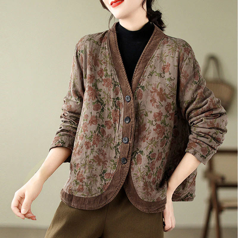 Buddha Stones Flower Jacquard Women's Cotton Padded Jacket