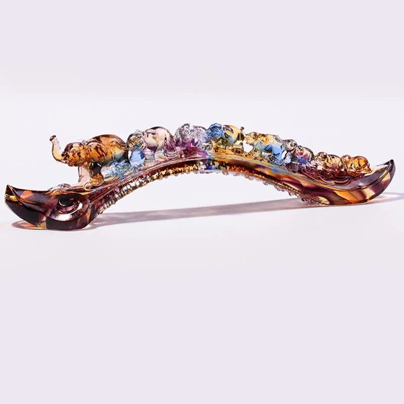 Buddha Stones Handmade Liuli Crystal Ruyi Elephant Art Piece Home Decoration With Crystal Base