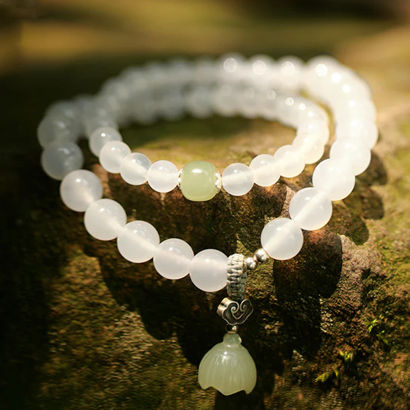 Buddha Stones White Agate Jade Lotus Protection Bracelet