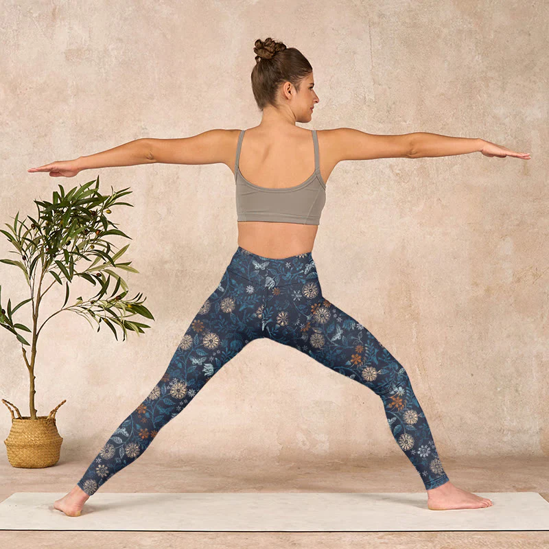 Buddha Stones New York Aster Flowers Leaves Print Gym Fitness Leggings Women's Yoga Pants