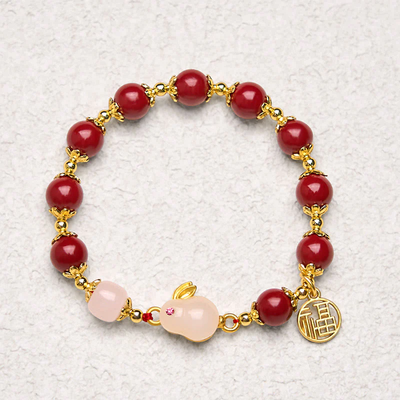 Buddha Stones Cinnabar Cute Rabbit Bunny Fu Character Charm Blessing Bracelet