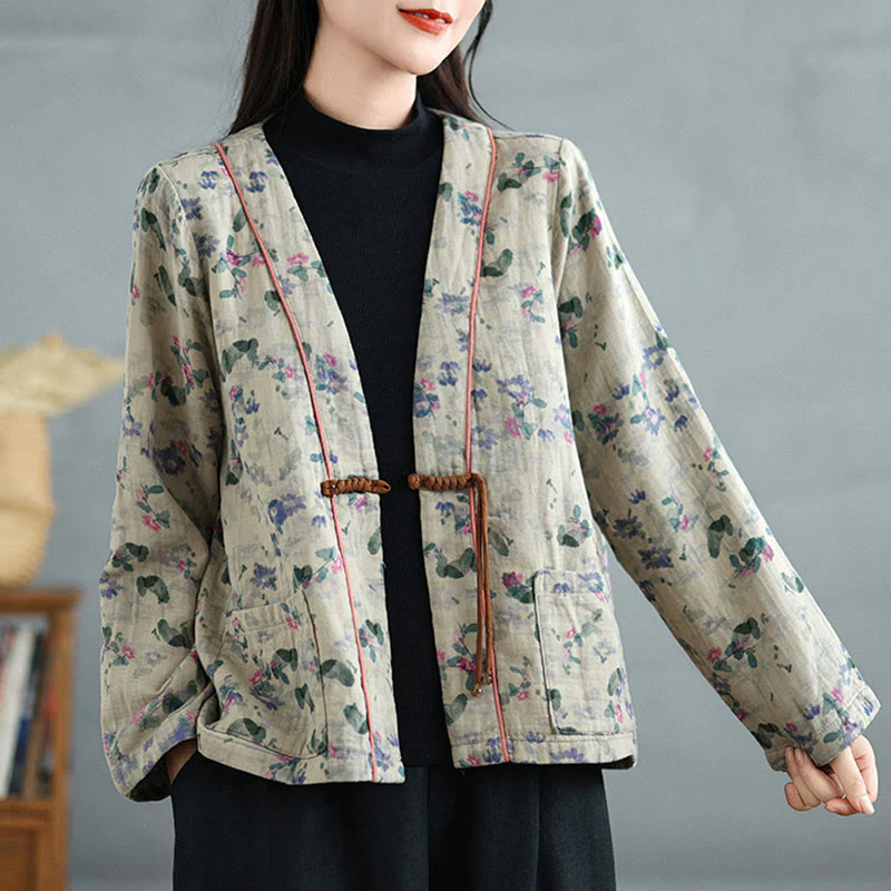 Buddha Stones Printing Floral Frog-Button Open Front Cardigan Cotton Linen Jacket With Pockets
