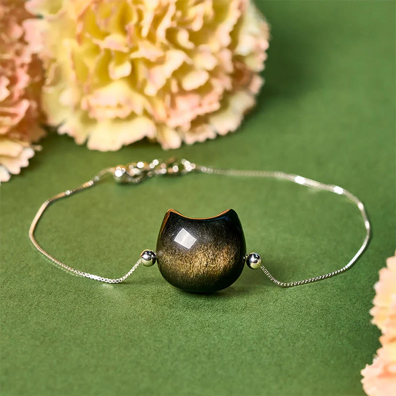 Buddha Stones 925 Sterling Silver Silver Sheen Obsidian Gold Sheen Obsidian Cat Soothing Bracelet