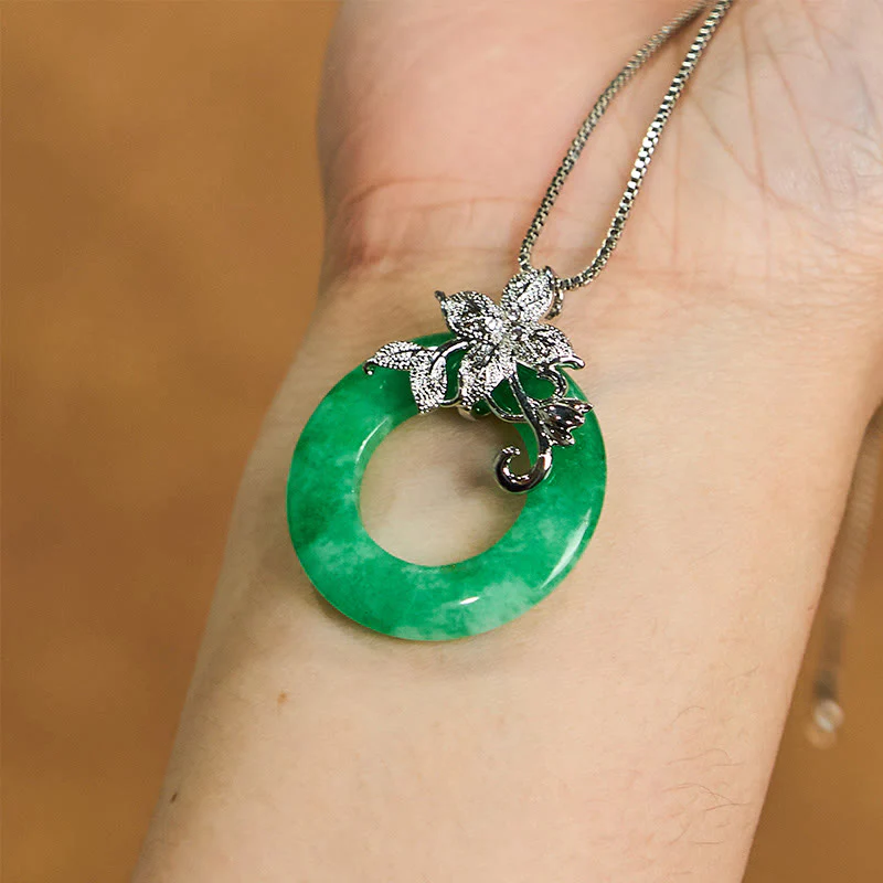 Buddha Stones Cyan Jade Peace Buckle Alloy Flower Healing Luck Necklace Pendant