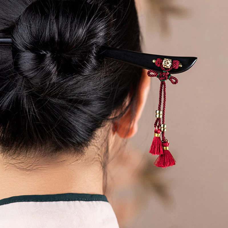 Buddha Stones Ebony Red String Chinese Knot Tassel Protection Hairpin