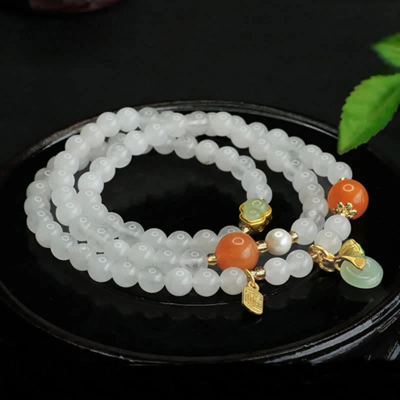 Buddha Stones Natural White Jade Multi-layer Gourd Peace Buckle Fu Character Luck Bracelet