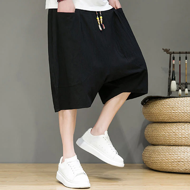 Buddha Stones Casual Drawstring Cotton Linen Men's Capri Harem Pants With Pockets