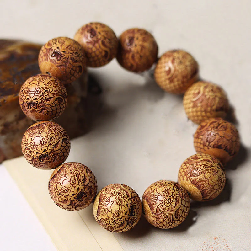 Buddha Stones Carving Sandalwood Dragon Keep Away Evil Spirits Bracelet