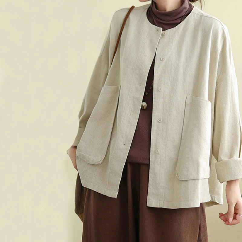 Buddha Stones Plain Design Long Sleeve Women's Cotton Linen Jacket With Pockets