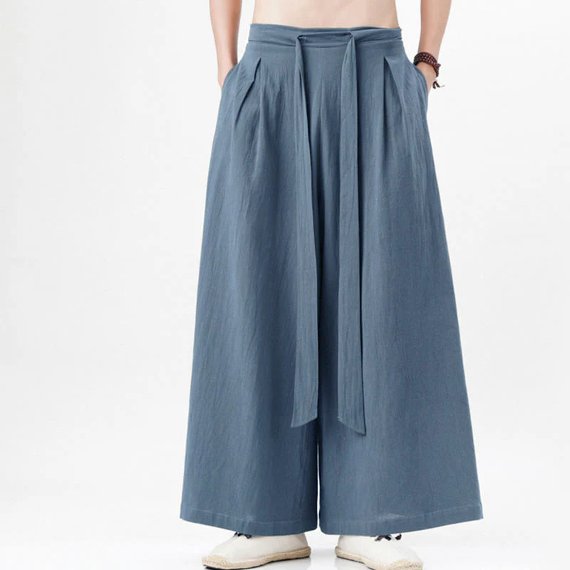 Buddha Stones Spring Casual Sports Drawstring Design Men's Cotton Linen Wide Leg Pants With Pockets