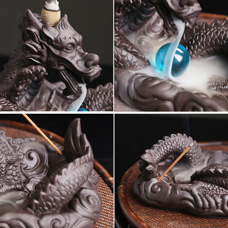 Buddha Stones Dragon Playing Ball Flower Protection Incense Burner Decoration