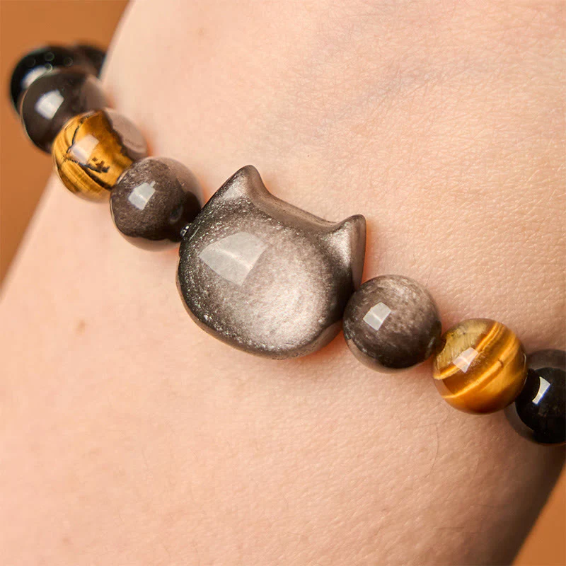 Buddha Stones Natural Silver Sheen Obsidian Beads Cute Cat Soothing Bracelet