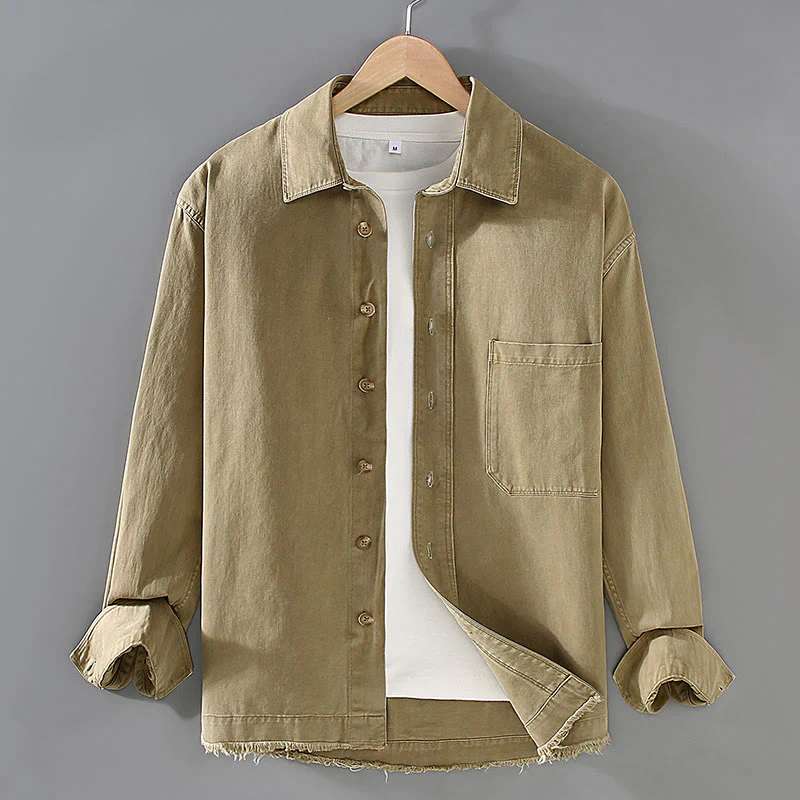 Buddha Stones Men's Casual Pure Color Tassels Hem Design Cotton Long Sleeve Shirt With Pocket