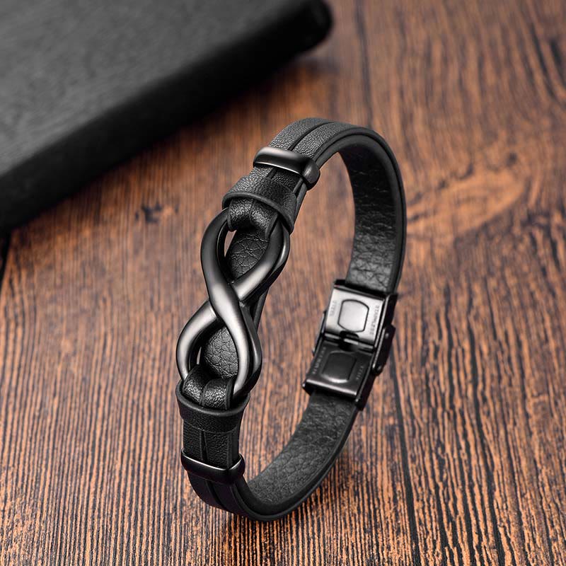 Buddha Stones Endless Knot Titanium Steel Strengthen Leather Buckle Bracelet