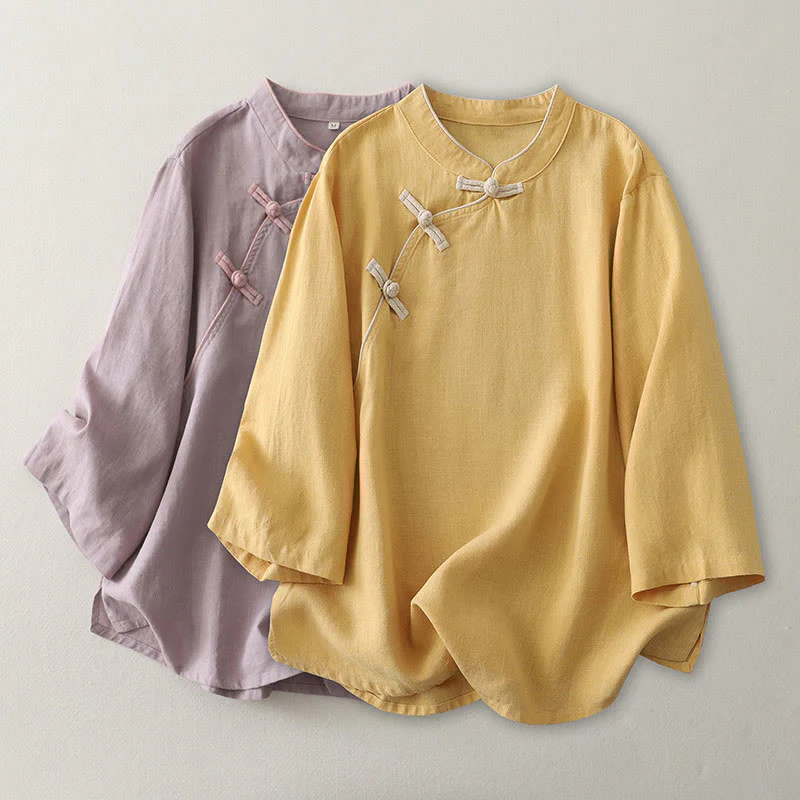 Buddha Stones Plain Slanted Buttons Cotton Linen Women's Shirt