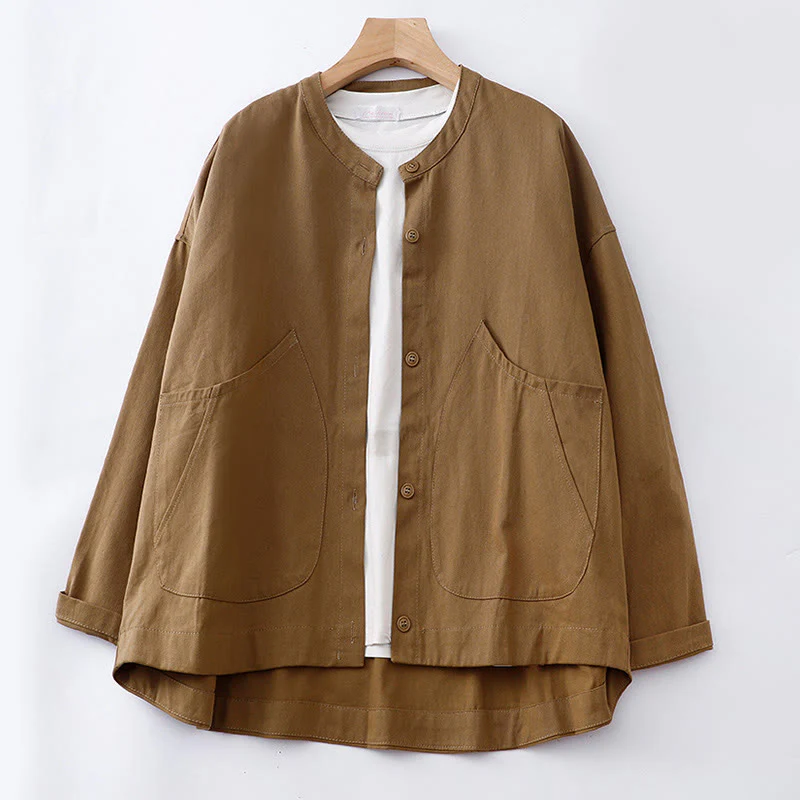 Buddha Stones Solid Color Long Sleeve Women's Cotton Jacket With Pockets