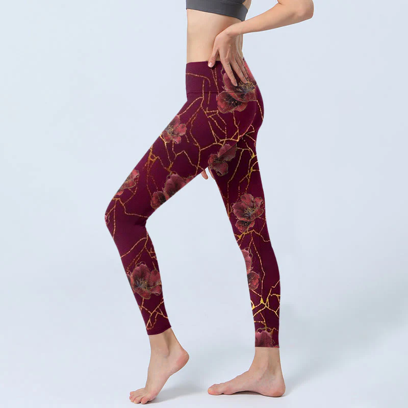 Buddha Stones Red Petals Golden Lines Pattern Print Gym Leggings Women's Yoga Pants