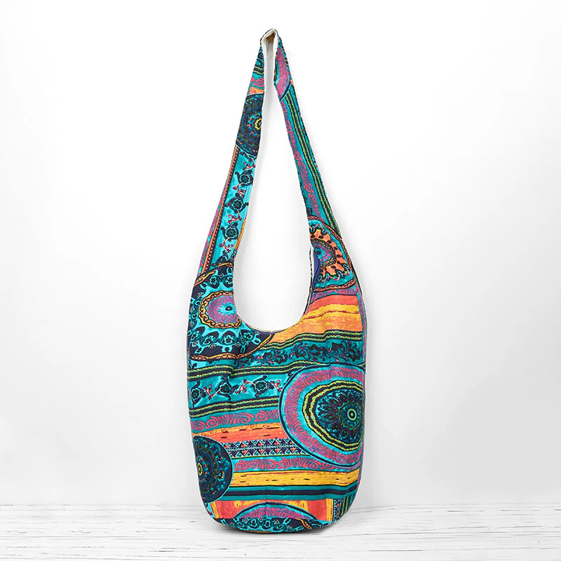 Buddha Stones Blue Flower Pattern Cotton Crossbody Bag Shoulder Bag