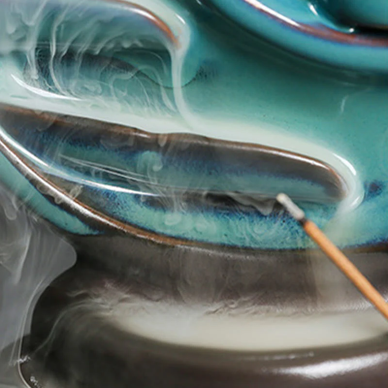 Buddha Stones Blue Crescent Moon Ceramic Backflow Smoke Fountain Meditation Candlestick Incense Burner Decoration