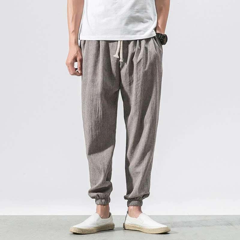 Buddha Stones Simple Drawstring Design Linen Men's Pants With Pockets