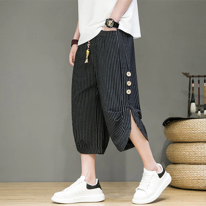Buddha Stones Casual White Stripes Pattern Drawstring Button Design Men's Cotton Cropped Harem Pants With Pockets