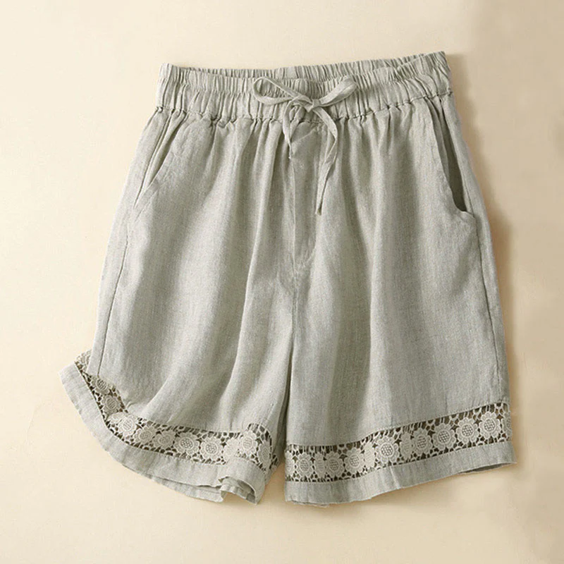 Buddha Stones Plain Color Bottom Hollow Lace Design Lace-up Cotton Linen Women's Shorts With Pockets