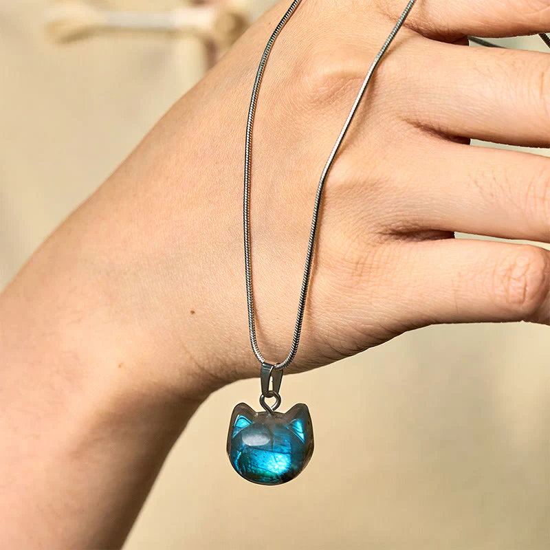 Buddha Stones Natural Cat Pattern Labradorite Healing Necklace Pendant