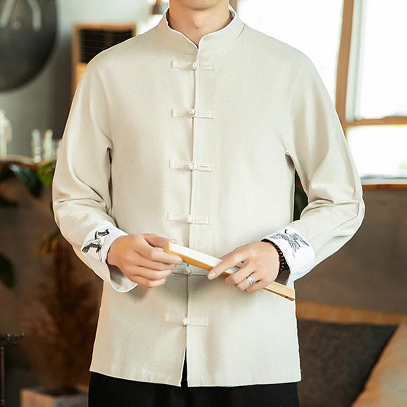 Buddha Stones Tang Suit Frog-Button Crane Embroidery Long Sleeve Cotton Men's Shirt
