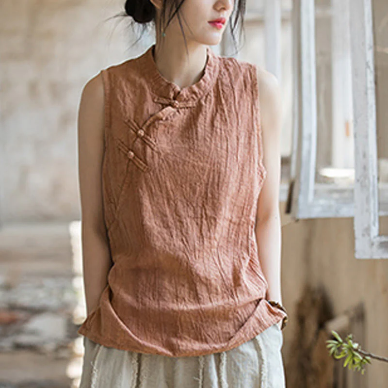 Buddha Stones Summer Tie-dye Frog-Button Ramie Cotton Sleeveless Women's Vest